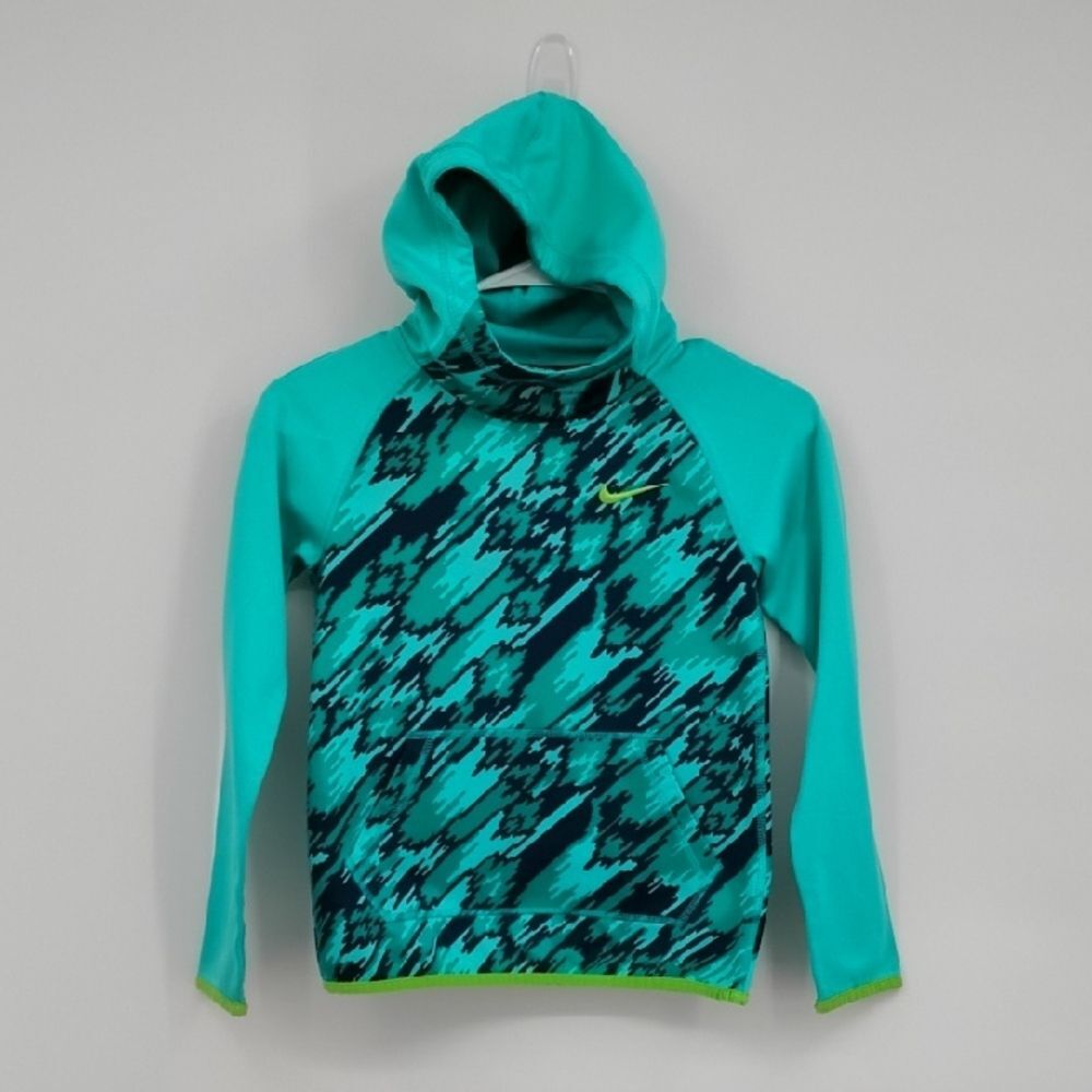 Nike Dri-FIT Teal Pattern Sweatshirt Hoodie Front Pocket Snug Fit Size Small